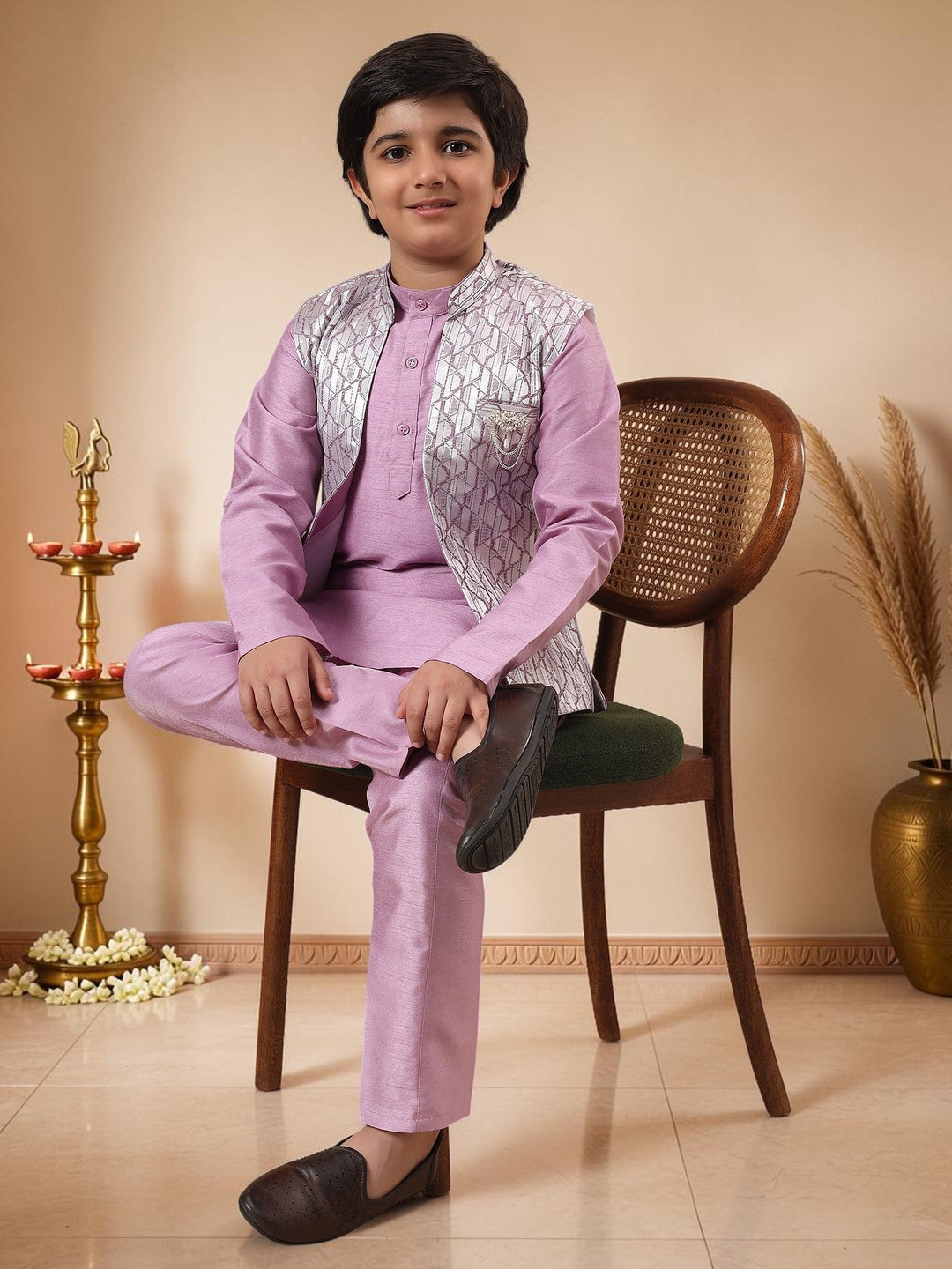 Boys Cotton Silk Kurta Pyjama Set With Geometric Jacquard Waistcoat - Lilac | SHOBITAM