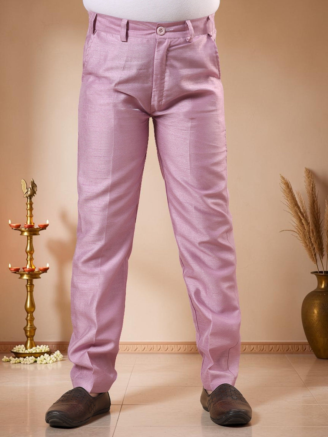 Boys Cotton Silk Kurta Pyjama Set With Geometric Jacquard Waistcoat - Lilac | SHOBITAM