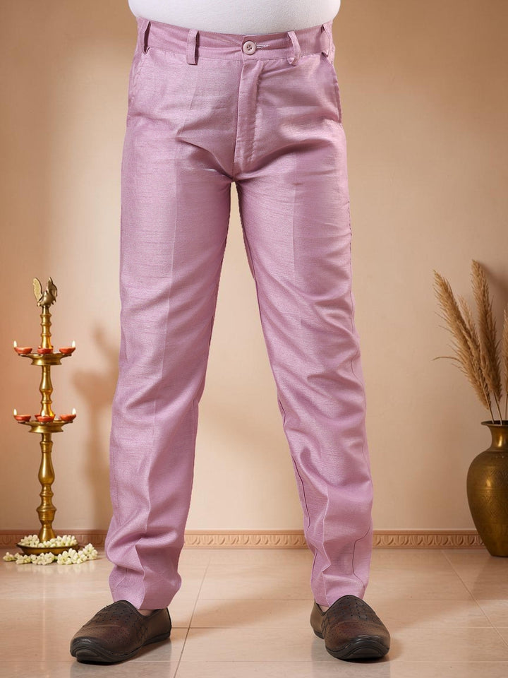 Boys Cotton Silk Kurta Pyjama Set With Geometric Jacquard Waistcoat - Lilac | SHOBITAM