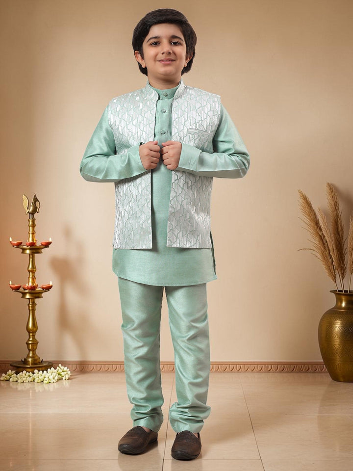 Boys Cotton Silk Kurta Pyjama Set with Geometric Jacquard Waistcoat - Mint Green | SHOBITAM