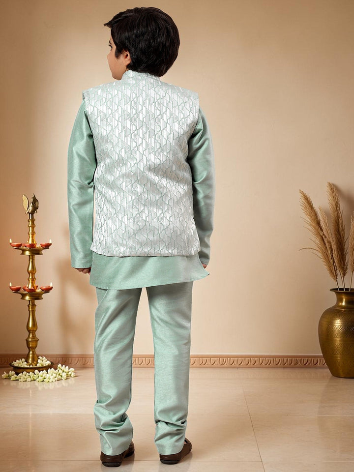 Boys Cotton Silk Kurta Pyjama Set with Geometric Jacquard Waistcoat - Mint Green | SHOBITAM