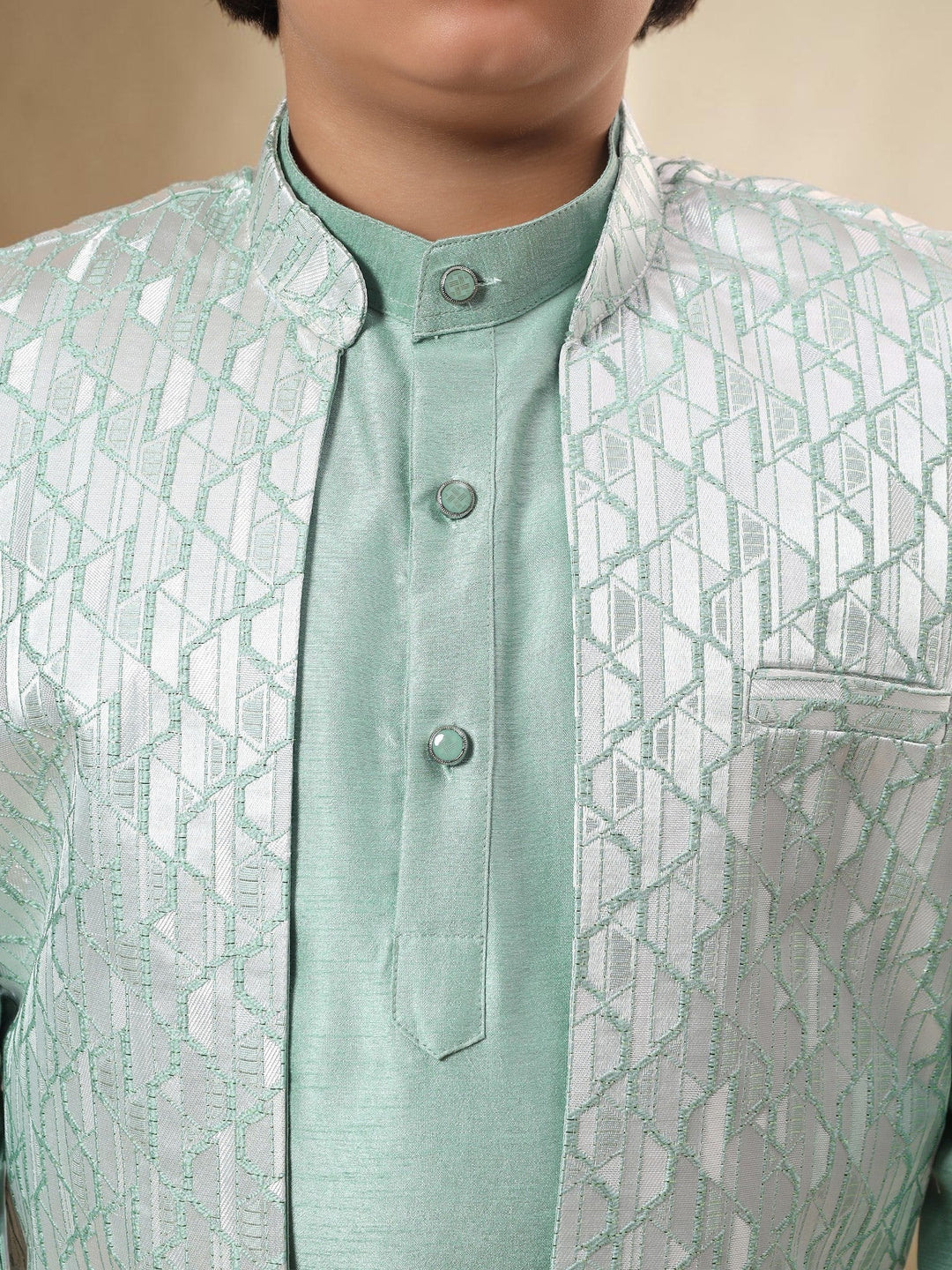 Boys Cotton Silk Kurta Pyjama Set with Geometric Jacquard Waistcoat - Mint Green | SHOBITAM