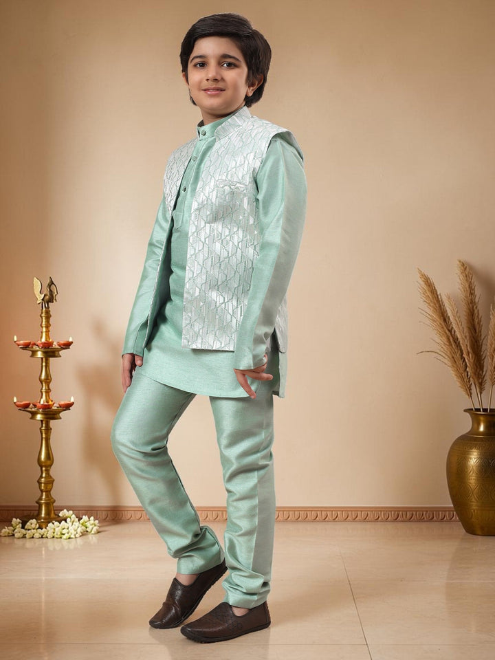 Boys Cotton Silk Kurta Pyjama Set with Geometric Jacquard Waistcoat - Mint Green | SHOBITAM