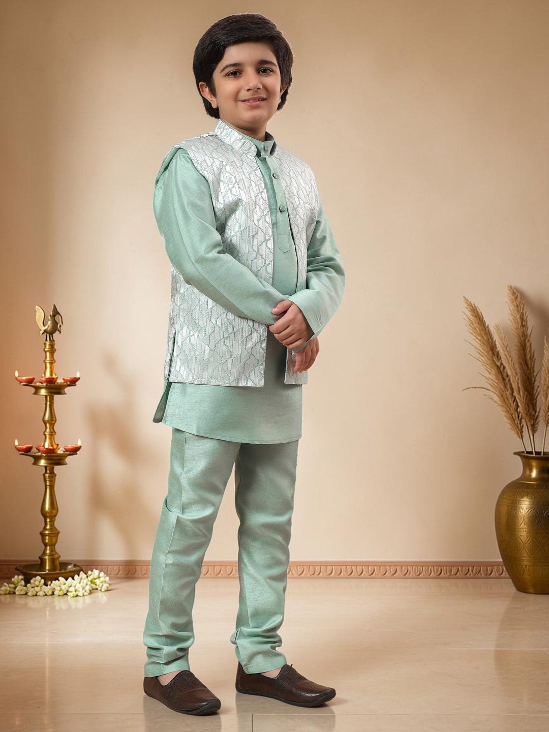 Boys Cotton Silk Kurta Pyjama Set with Geometric Jacquard Waistcoat - Mint Green | SHOBITAM