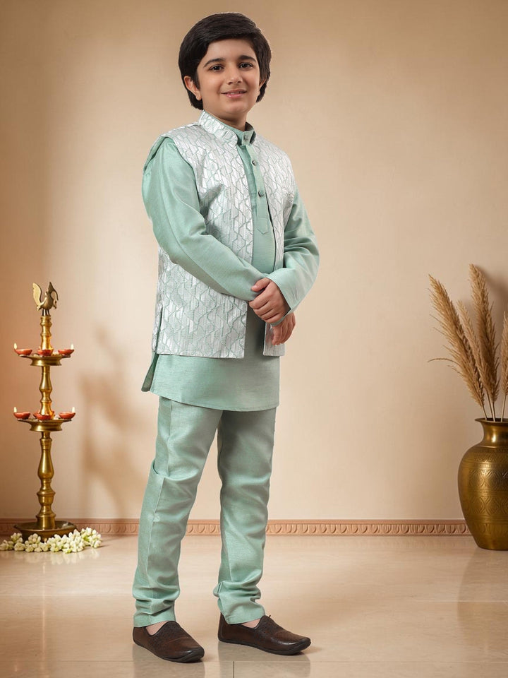 Boys Cotton Silk Kurta Pyjama Set with Geometric Jacquard Waistcoat - Mint Green | SHOBITAM