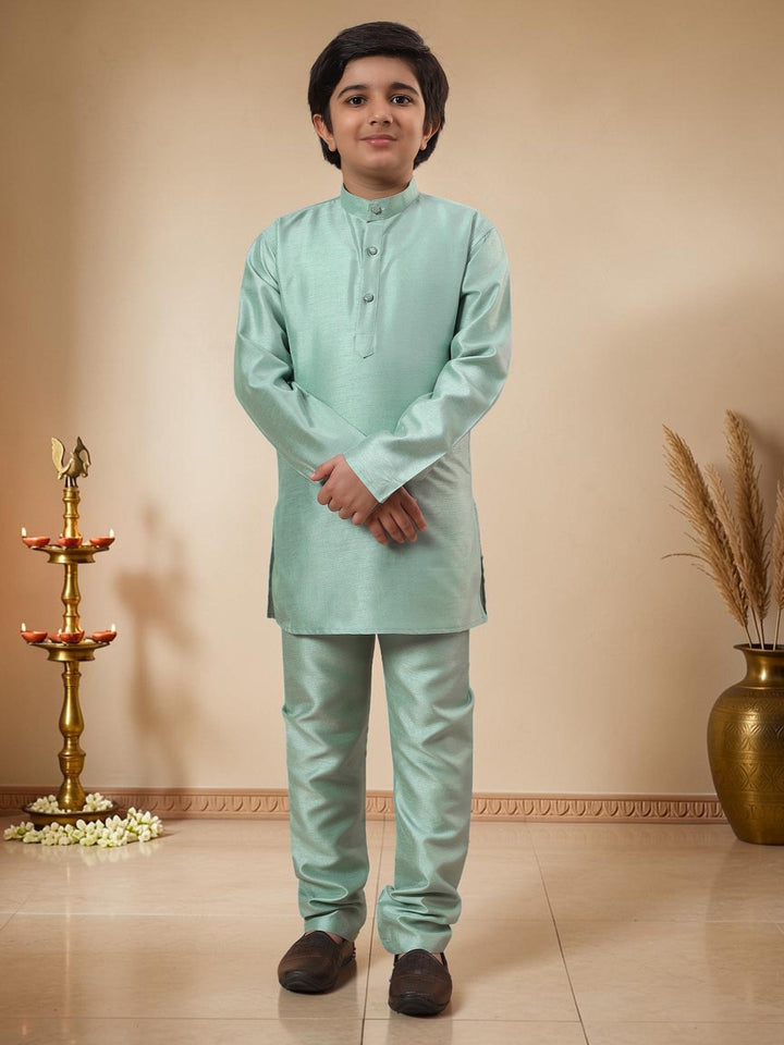 Boys Cotton Silk Kurta Pyjama Set with Geometric Jacquard Waistcoat - Mint Green | SHOBITAM