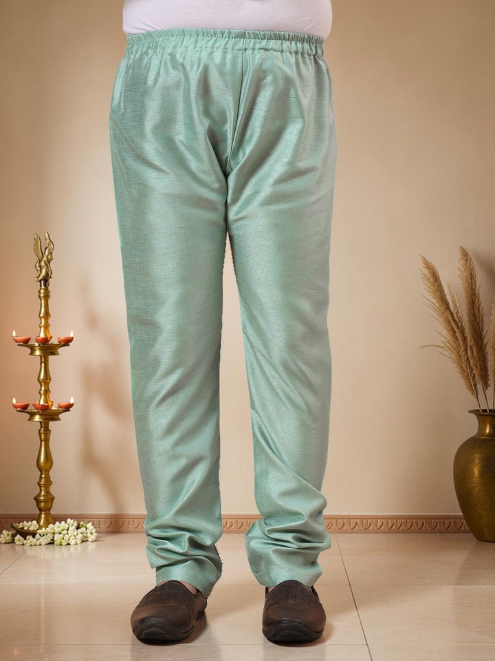 Boys Cotton Silk Kurta Pyjama Set with Geometric Jacquard Waistcoat - Mint Green | SHOBITAM