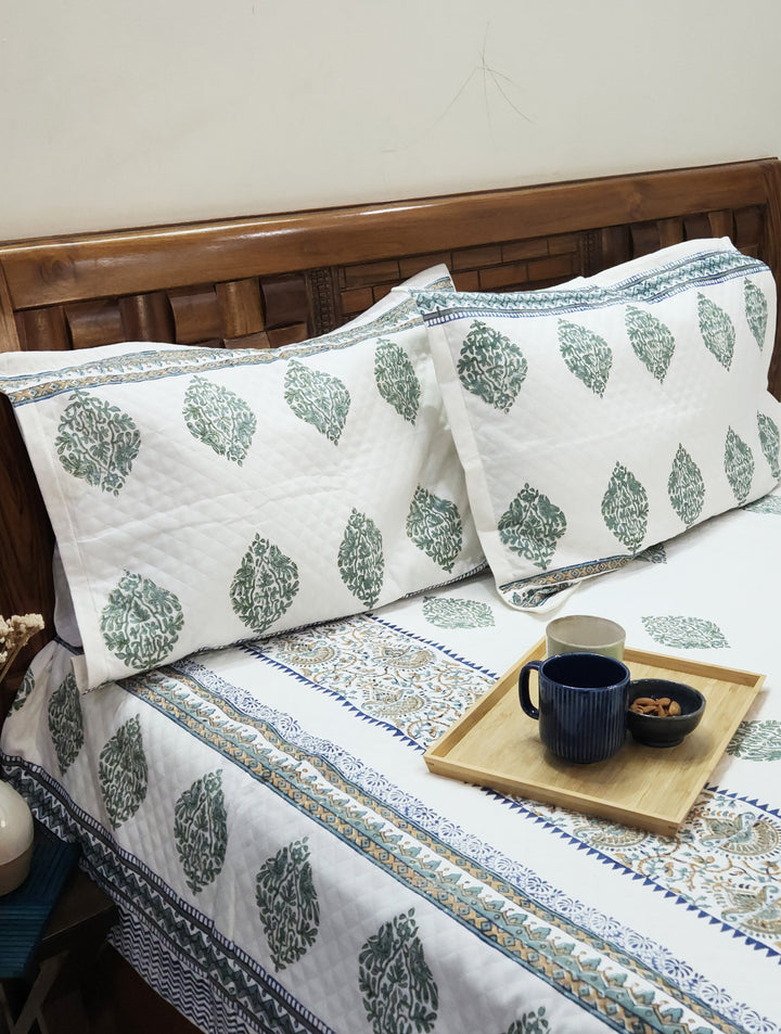 Off White & Green Matelassé Cotton Jacquard Hand Block Printed King Bedcover with 2 Pillow Covers