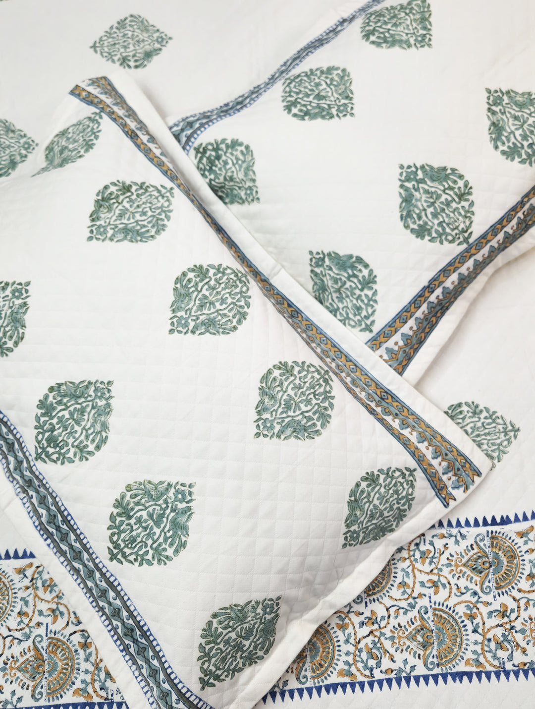 Off White & Green Matelassé Cotton Jacquard Hand Block Printed King Bedcover with 2 Pillow Covers