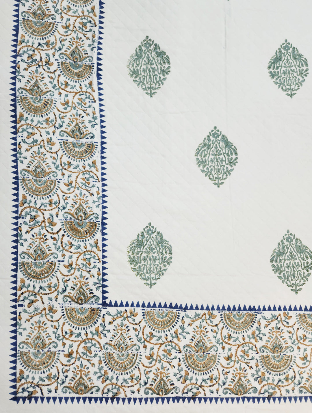 Off White & Green Matelassé Cotton Jacquard Hand Block Printed King Bedcover with 2 Pillow Covers