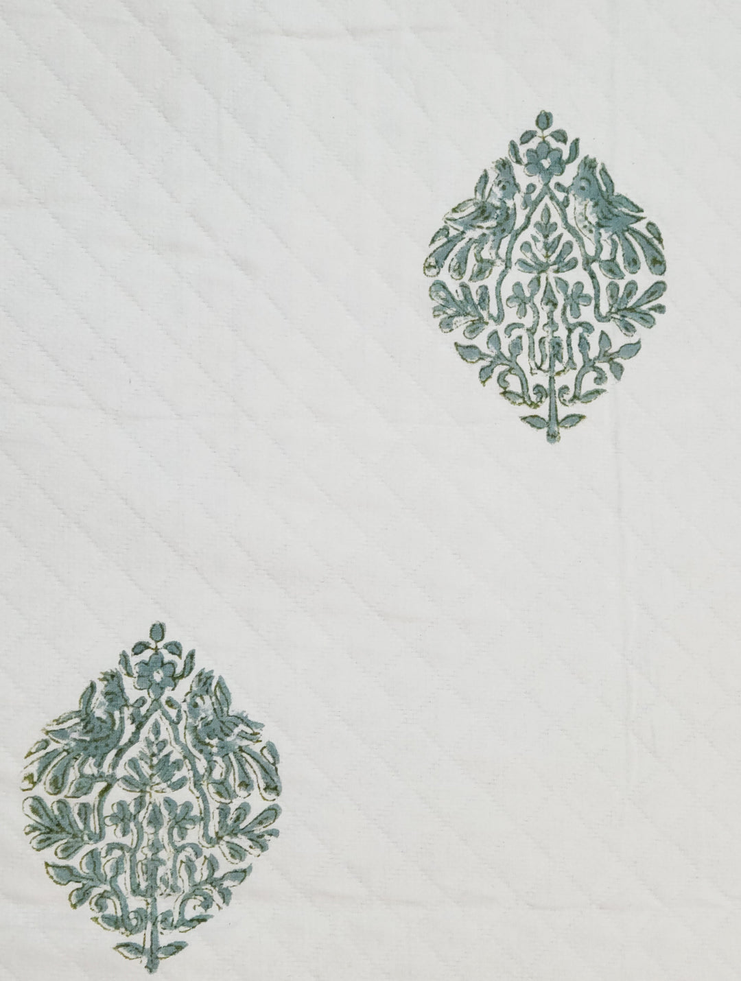 Off White & Green Matelassé Cotton Jacquard Hand Block Printed King Bedcover with 2 Pillow Covers