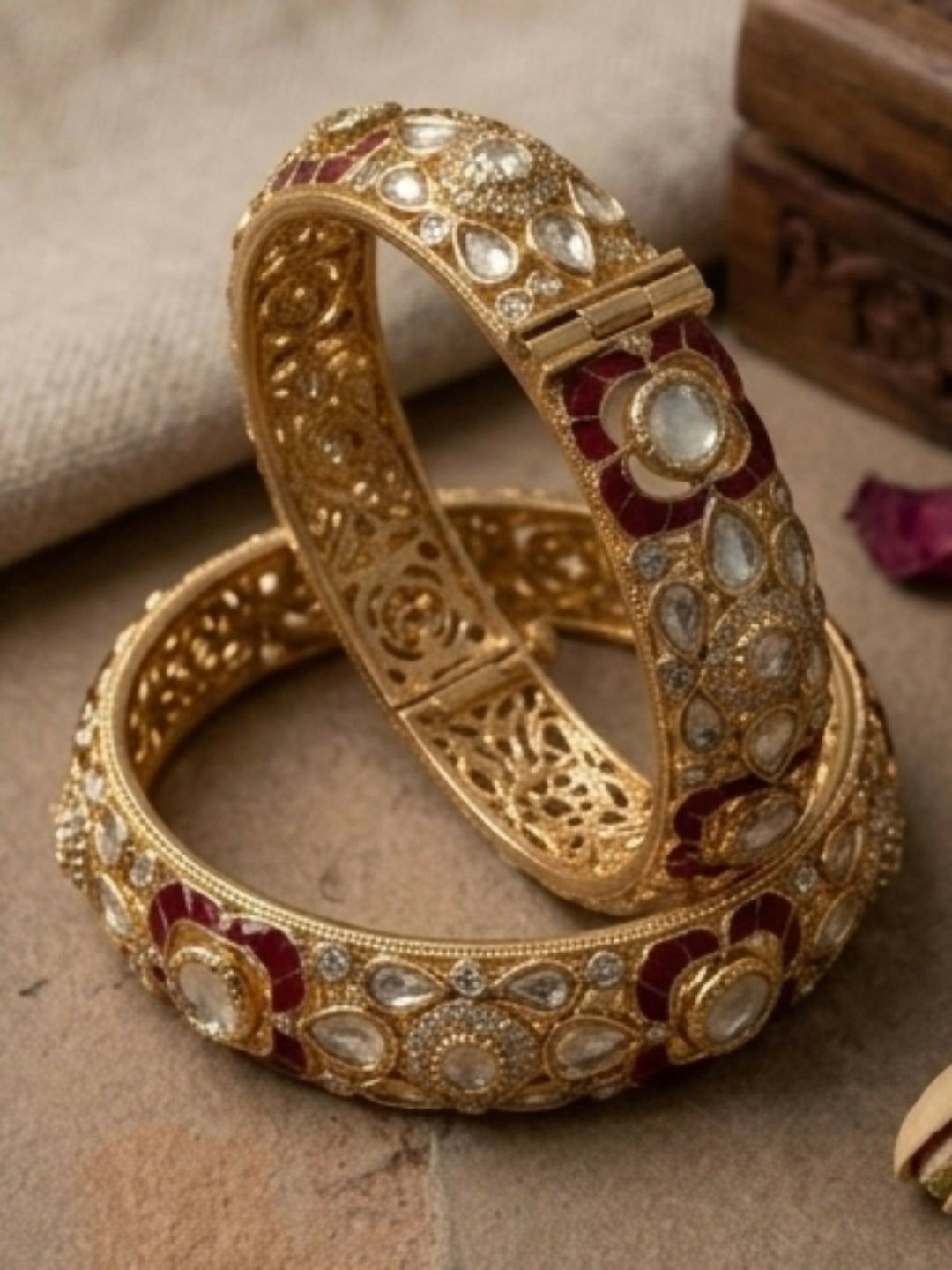 Gold Plated Uncut Polki Moissanite Bangles | SHOBITAM