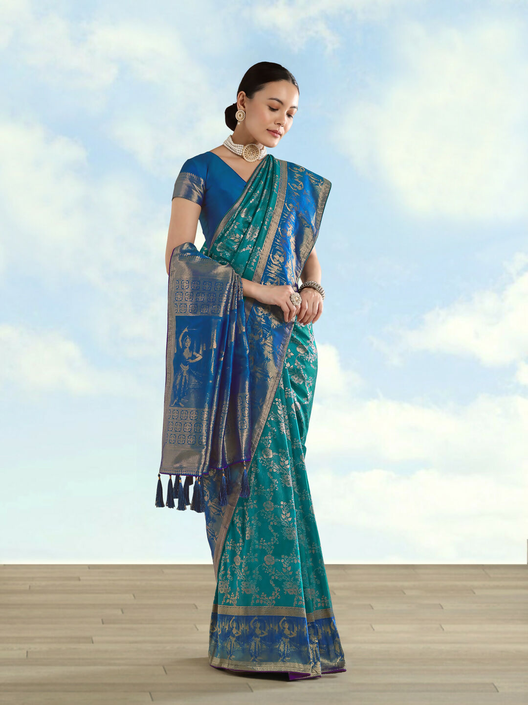 Turquoise Banarasi Semi Silk Saree With Zari Woven Design  | SHOBITAM