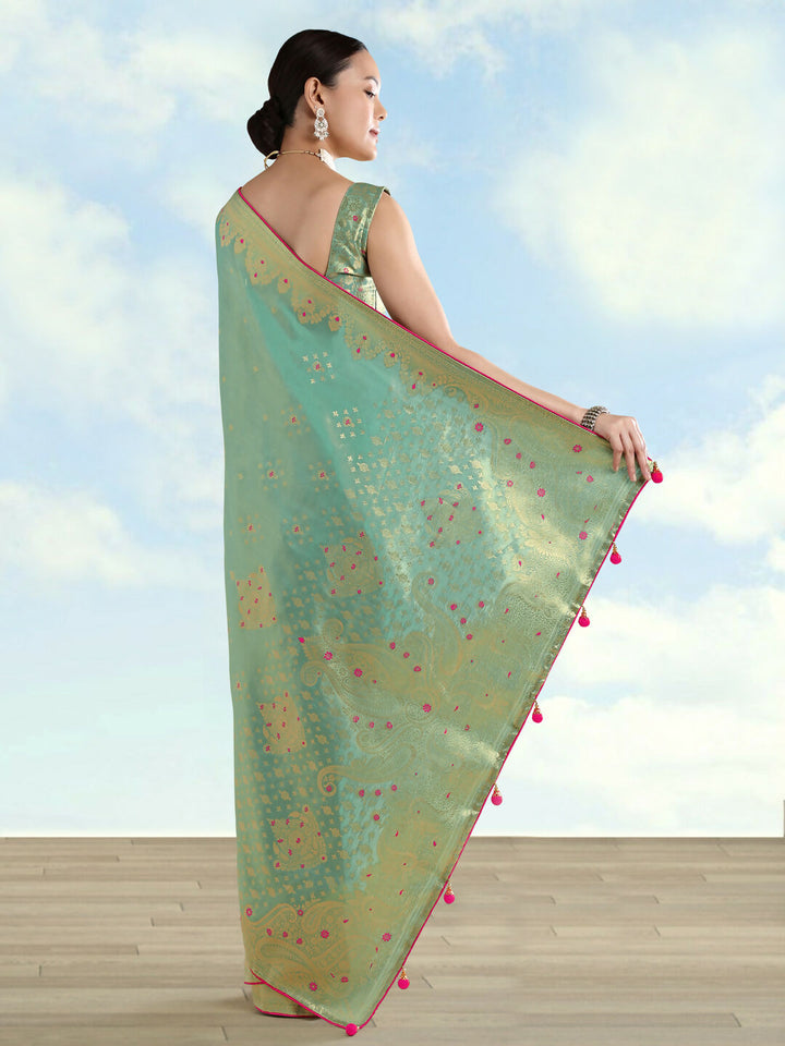 Light Blue Color Paisley Zari Woven Semi Banarasi Tissue Silk Saree  | SHOBITAM