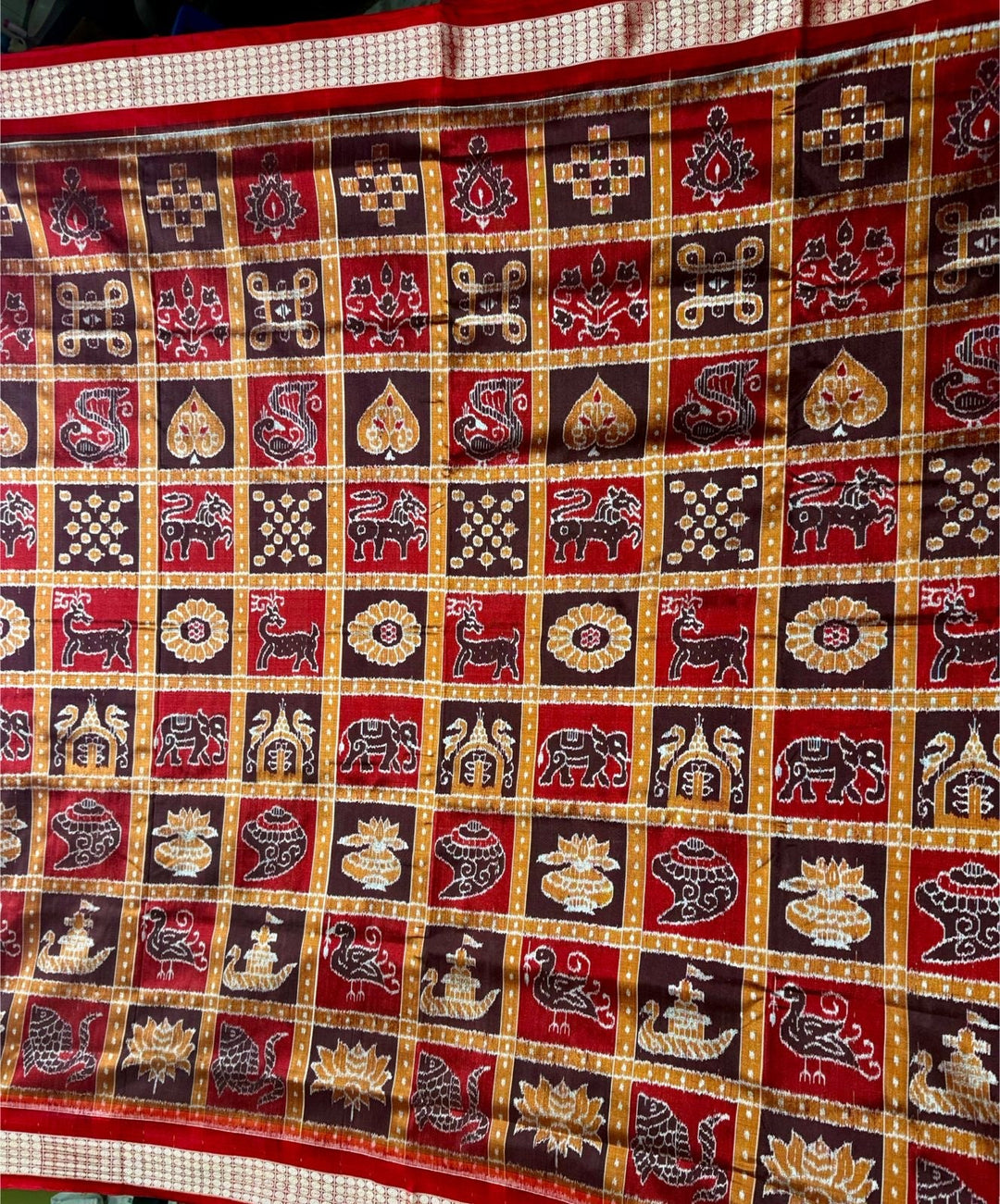 Madhuri Dixit Sambhalpuri Ikkat Handloom Saree in Red and Brown , No Blouse Piece | SILK MARK CERTIFIED