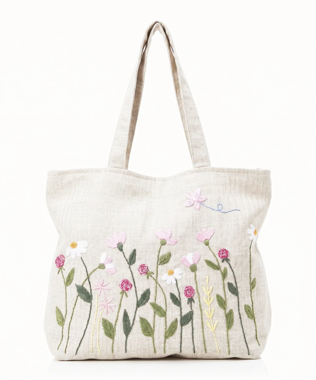 Deep Cream Hand Embroidered Tote Bag on Subtle Sheen Jacquard Fabric | SHOBITAM