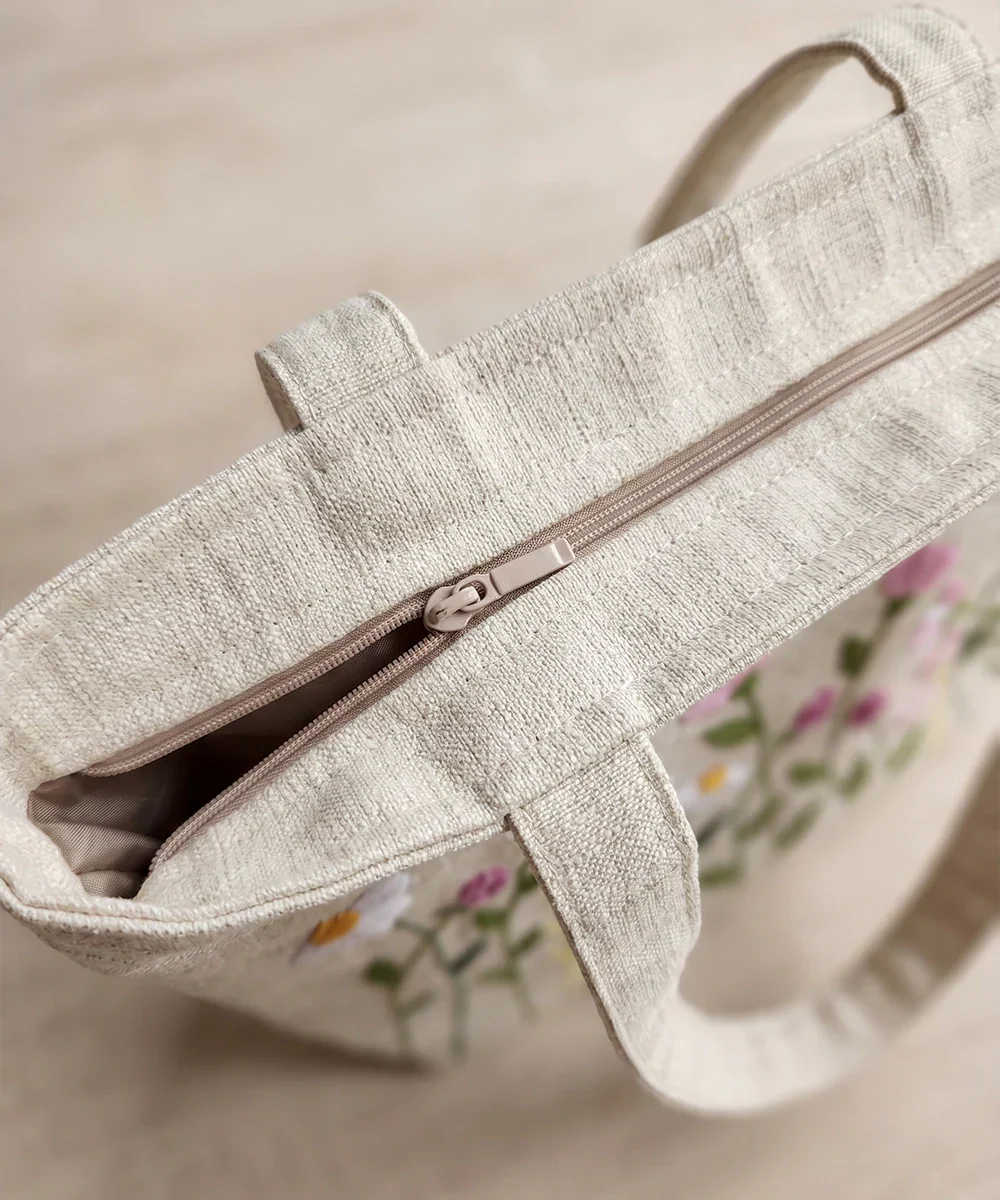 Deep Cream Hand Embroidered Tote Bag on Subtle Sheen Jacquard Fabric | SHOBITAM