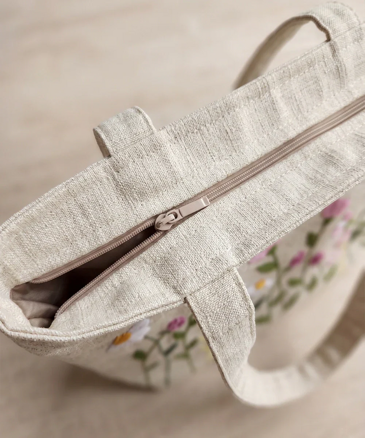 Deep Cream Hand Embroidered Tote Bag on Subtle Sheen Jacquard Fabric | SHOBITAM