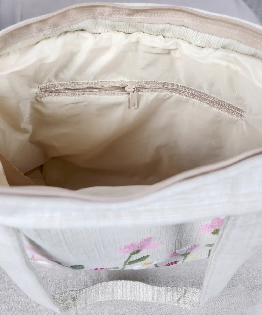 Deep Cream Hand Embroidered Tote Bag on Subtle Sheen Jacquard Fabric | SHOBITAM