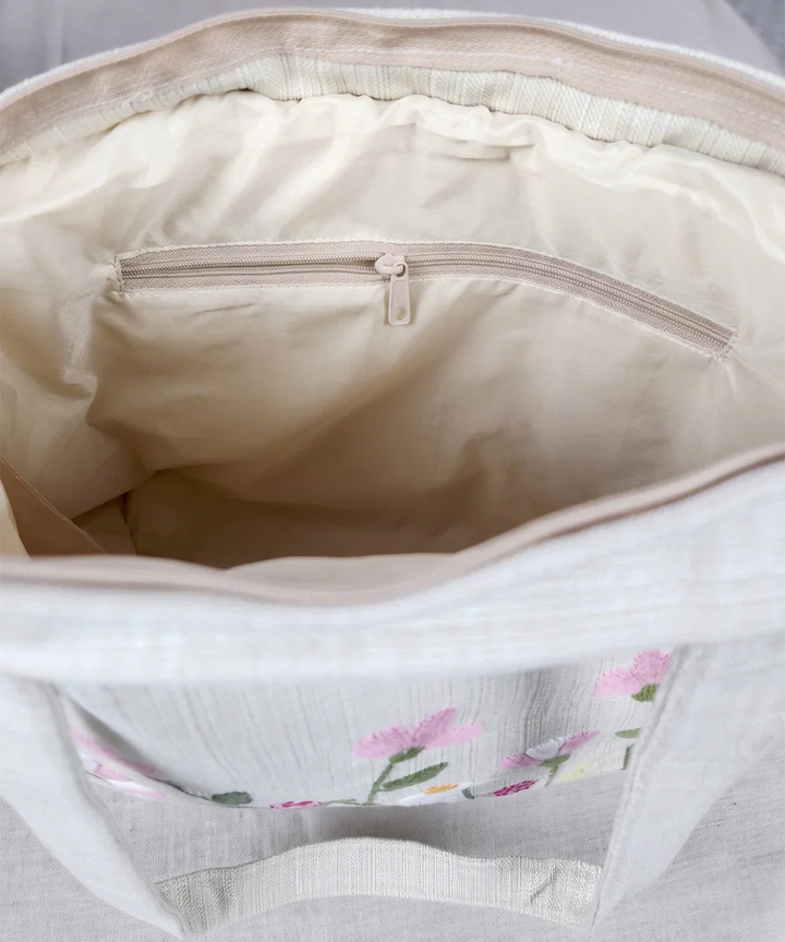 Deep Cream Hand Embroidered Tote Bag on Subtle Sheen Jacquard Fabric | SHOBITAM
