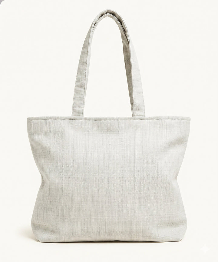 Deep Cream Hand Embroidered Tote Bag on Subtle Sheen Jacquard Fabric | SHOBITAM