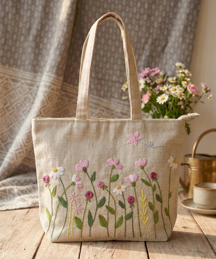 Deep Cream Hand Embroidered Tote Bag on Subtle Sheen Jacquard Fabric | SHOBITAM