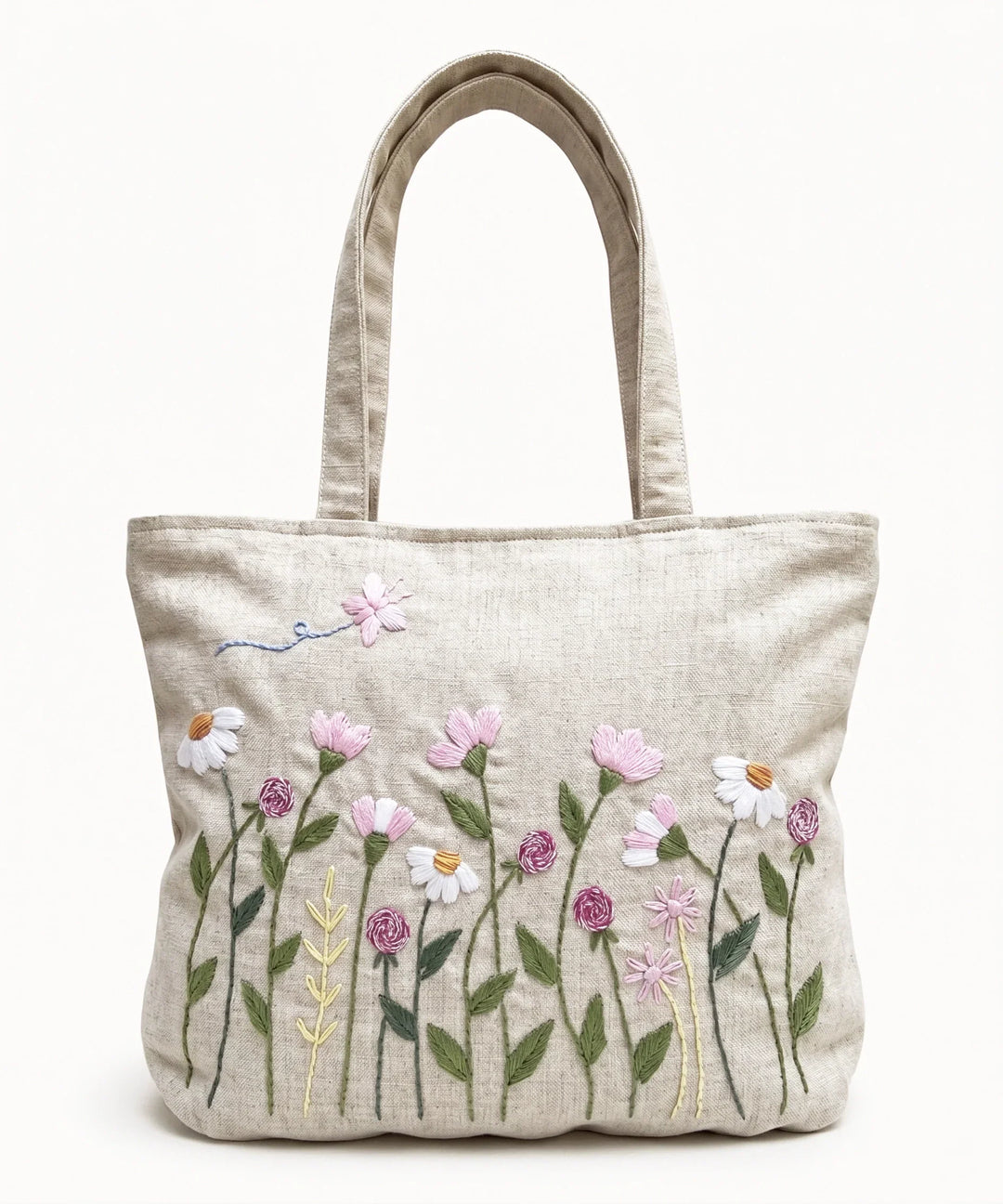 Deep Cream Hand Embroidered Tote Bag on Textured Cotton Slub Fabric | SHOBITAM