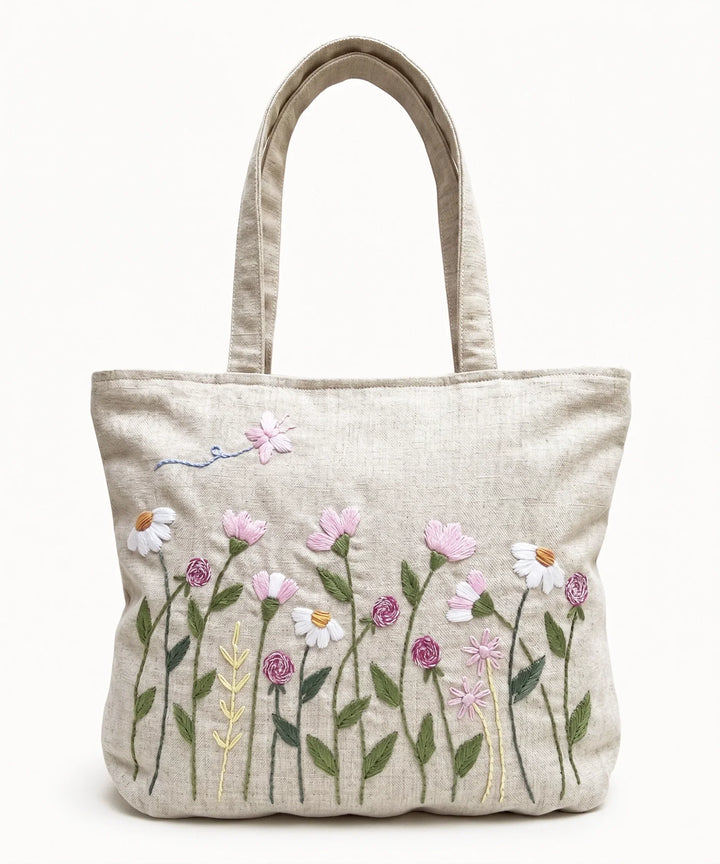 Deep Cream Hand Embroidered Tote Bag on Textured Cotton Slub Fabric | SHOBITAM