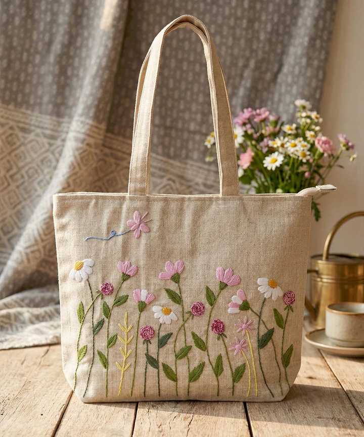 Deep Cream Hand Embroidered Tote Bag on Textured Cotton Slub Fabric | SHOBITAM
