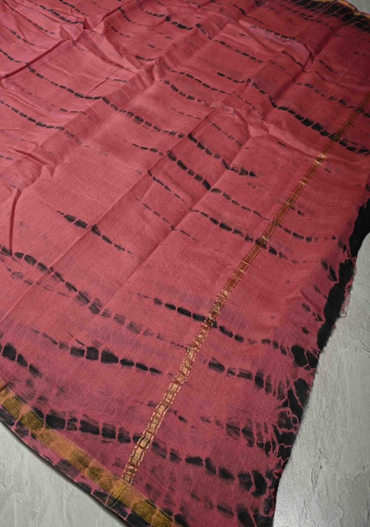 Rose Pink Shibori Bagru Handblock Chanderi Silk Cotton Saree with Minimal Zari Border