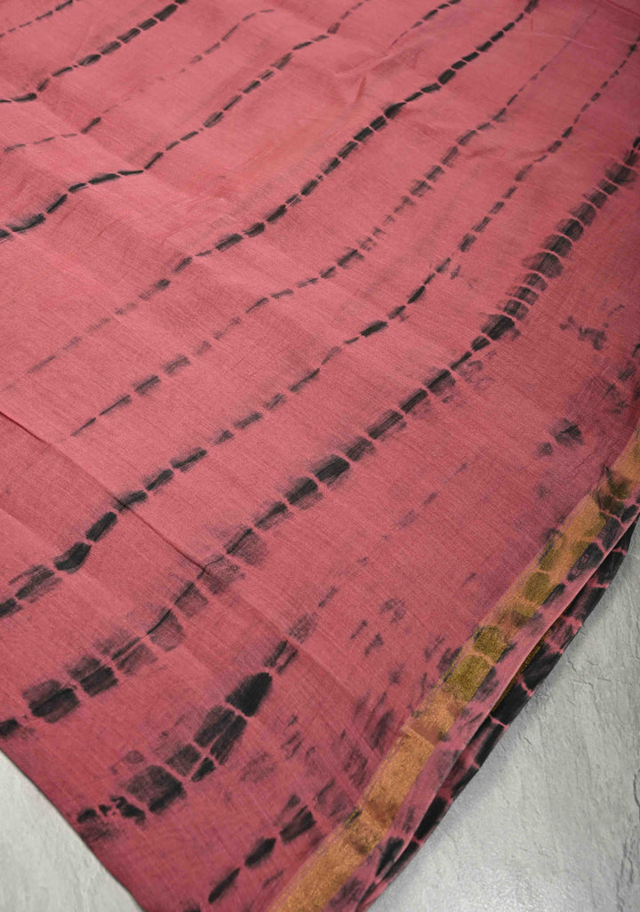 Rose Pink Shibori Bagru Handblock Chanderi Silk Cotton Saree with Minimal Zari Border