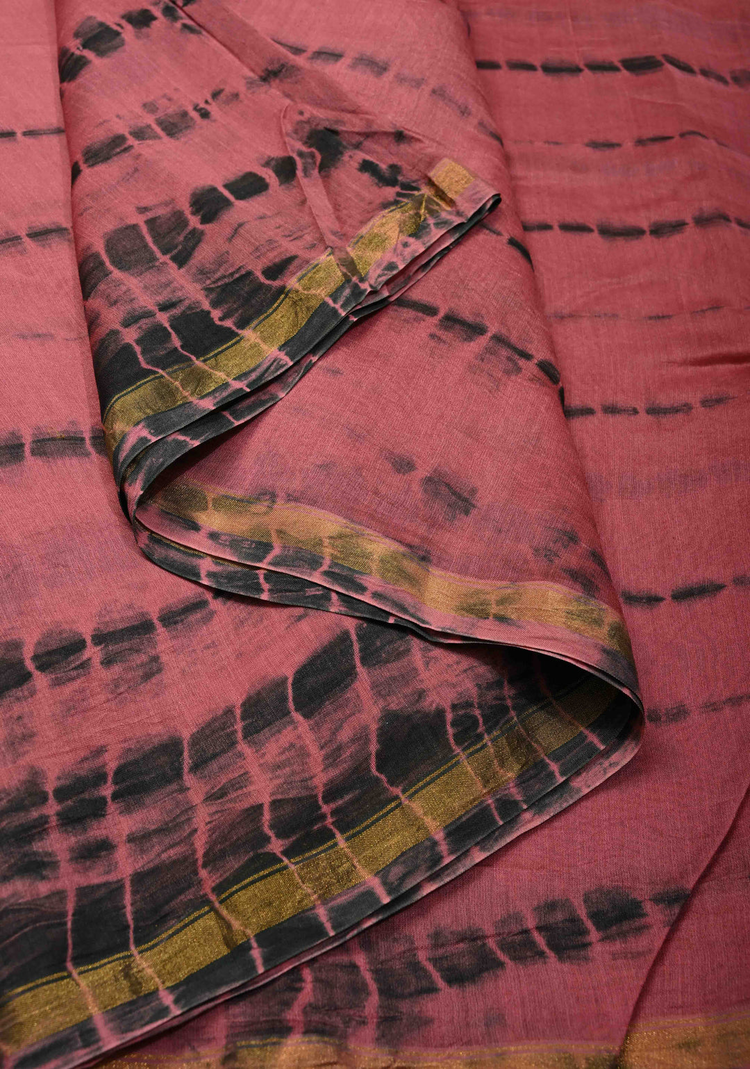 Rose Pink Shibori Bagru Handblock Chanderi Silk Cotton Saree with Minimal Zari Border