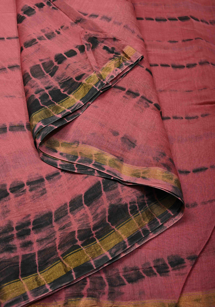 Rose Pink Shibori Bagru Handblock Chanderi Silk Cotton Saree with Minimal Zari Border