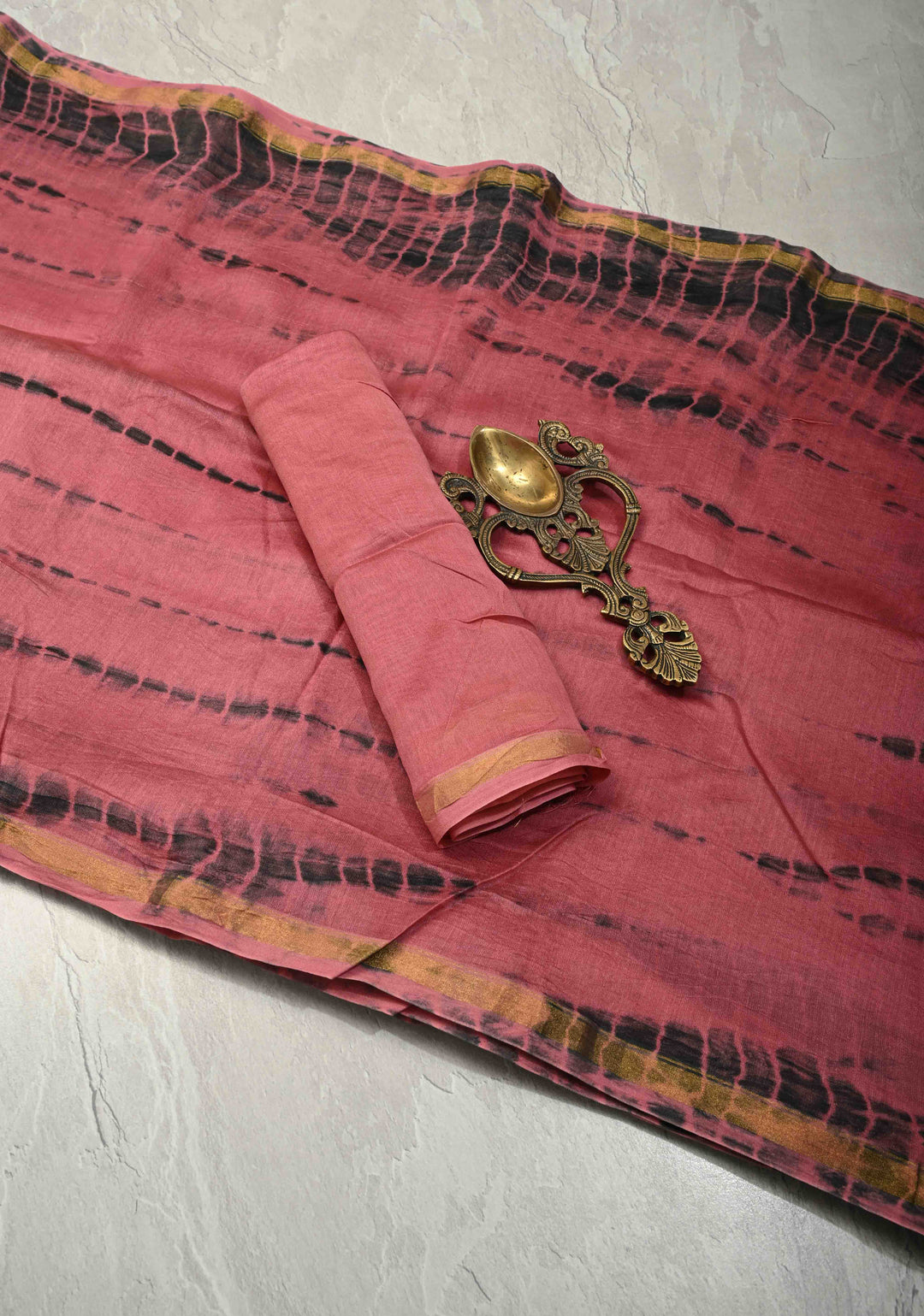 Rose Pink Shibori Bagru Handblock Chanderi Silk Cotton Saree with Minimal Zari Border