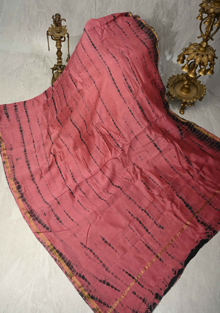 Rose Pink Shibori Bagru Handblock Chanderi Silk Cotton Saree with Minimal Zari Border