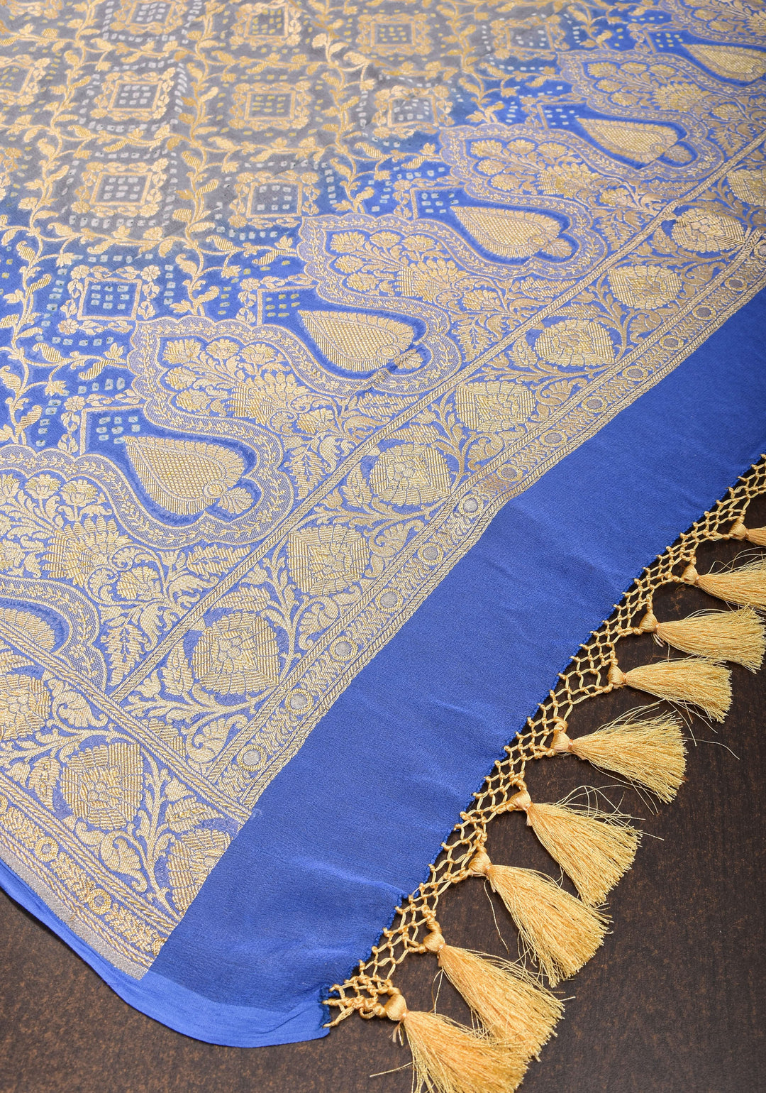 Dupatta: blue shade pure bandhej banarasi silk georgette dupatta with jaal pattern| Silk Mark Certified