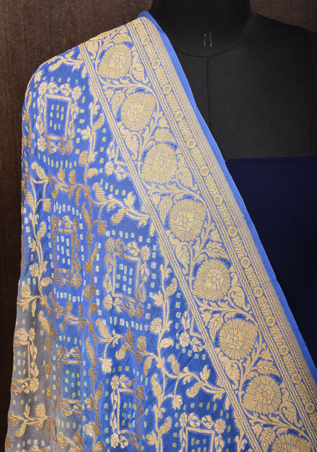 Dupatta: blue shade pure bandhej banarasi silk georgette dupatta with jaal pattern| Silk Mark Certified