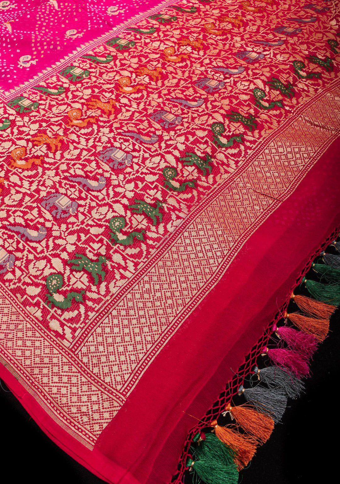 Authentic Hand Bandhej on Meenakari Shikargah Skirt Border Banarasi Silk Georgette Saree  | SILK MARKED CERTIFIED
