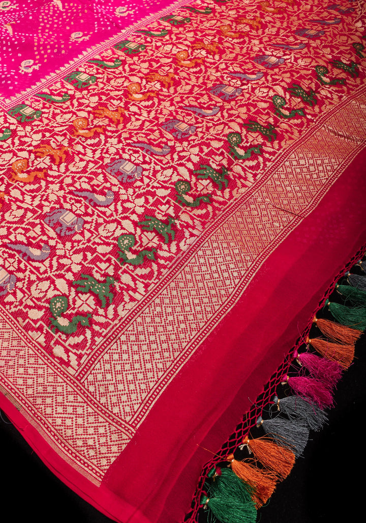 Authentic Hand Bandhej on Meenakari Shikargah Skirt Border Banarasi Silk Georgette Saree  | SILK MARKED CERTIFIED