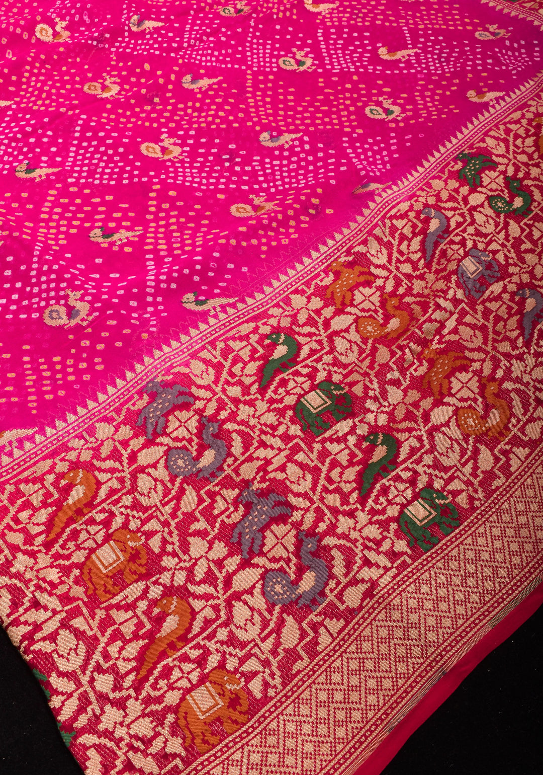 Authentic Hand Bandhej on Meenakari Shikargah Skirt Border Banarasi Silk Georgette Saree  | SILK MARKED CERTIFIED