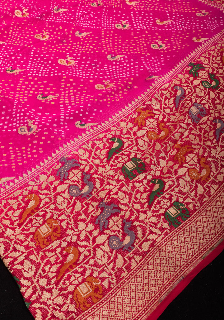 Authentic Hand Bandhej on Meenakari Shikargah Skirt Border Banarasi Silk Georgette Saree  | SILK MARKED CERTIFIED