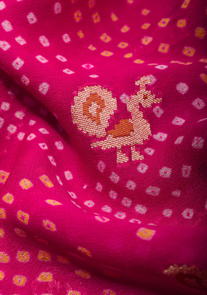 Authentic Hand Bandhej on Meenakari Shikargah Skirt Border Banarasi Silk Georgette Saree  | SILK MARKED CERTIFIED