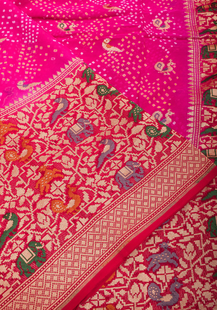 Authentic Hand Bandhej on Meenakari Shikargah Skirt Border Banarasi Silk Georgette Saree  | SILK MARKED CERTIFIED