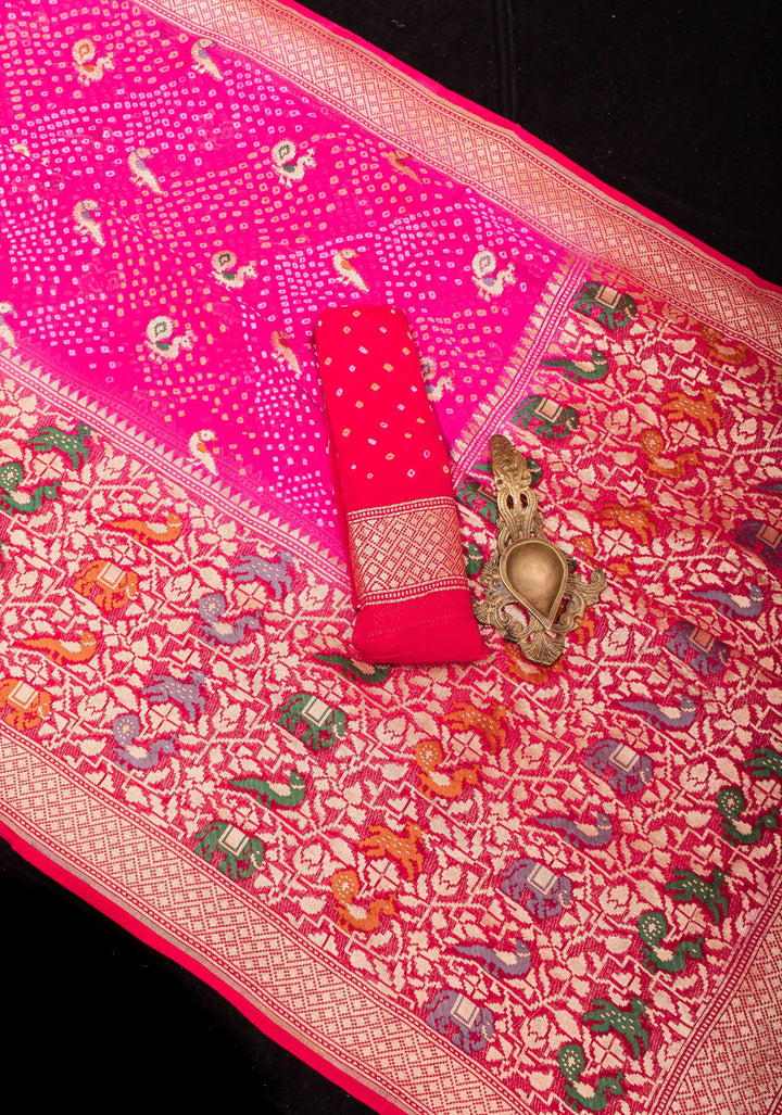 Authentic Hand Bandhej on Meenakari Shikargah Skirt Border Banarasi Silk Georgette Saree  | SILK MARKED CERTIFIED