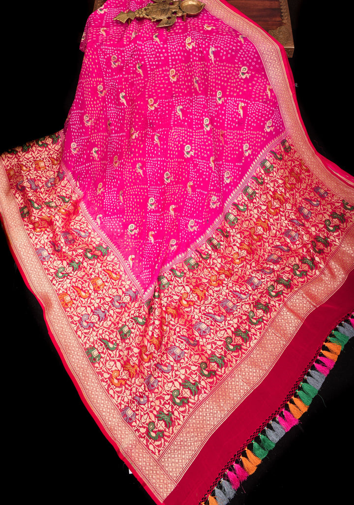 Authentic Hand Bandhej on Meenakari Shikargah Skirt Border Banarasi Silk Georgette Saree  | SILK MARKED CERTIFIED