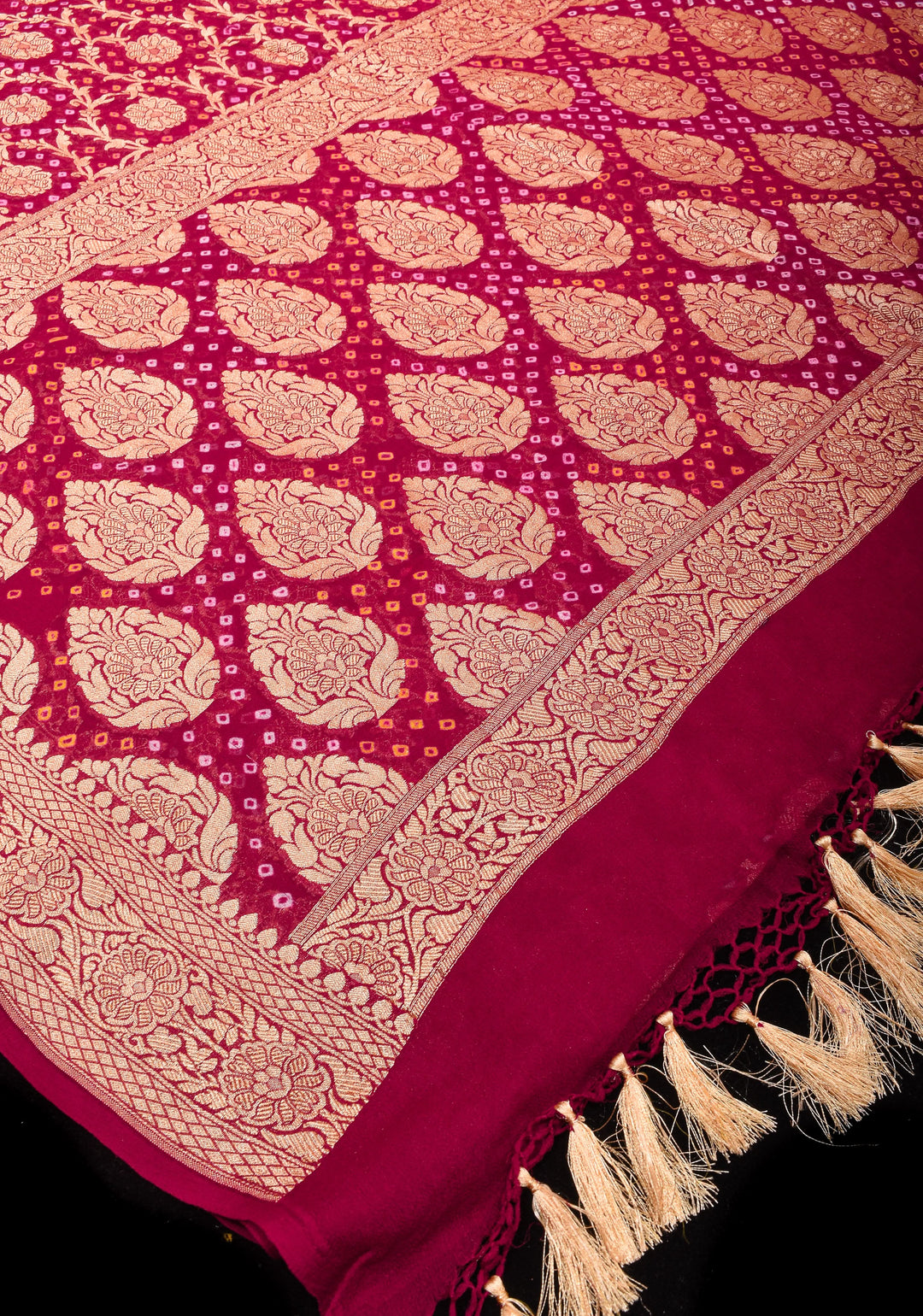 Authentic Hand Bandhej Banarasi Silk Saree in Pinkish Red | SILK MARK CERTIFIED