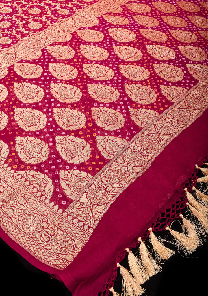 Authentic Hand Bandhej Banarasi Silk Saree in Pinkish Red | SILK MARK CERTIFIED