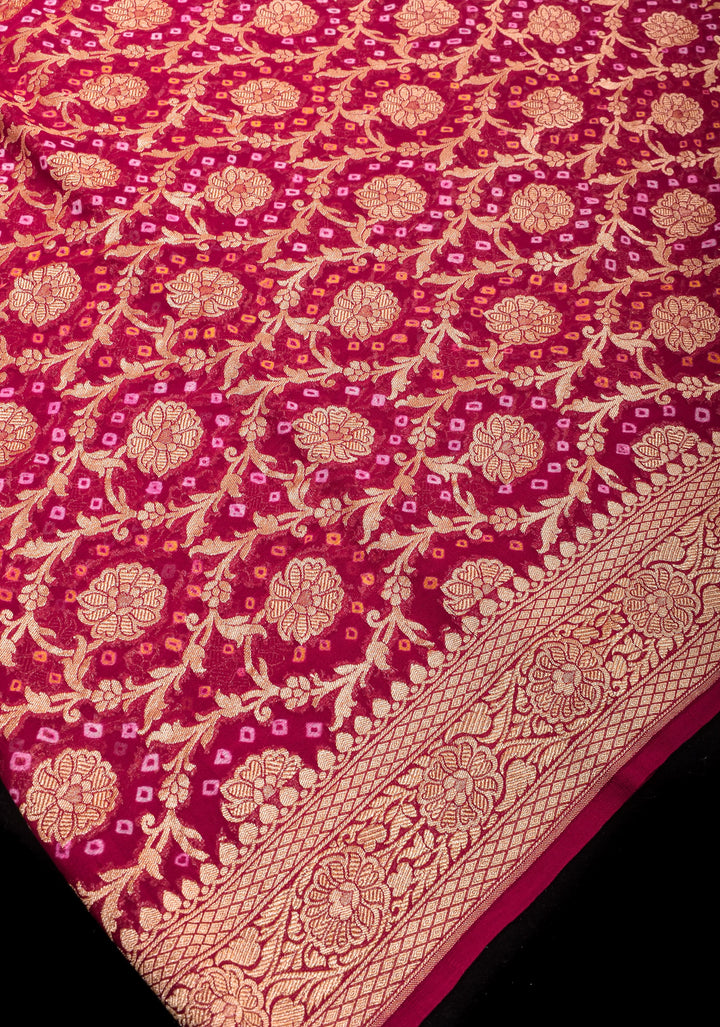 Authentic Hand Bandhej Banarasi Silk Saree in Pinkish Red | SILK MARK CERTIFIED