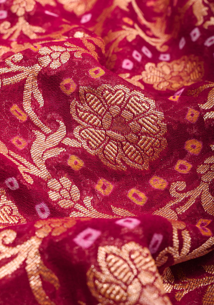 Authentic Hand Bandhej Banarasi Silk Saree in Pinkish Red | SILK MARK CERTIFIED