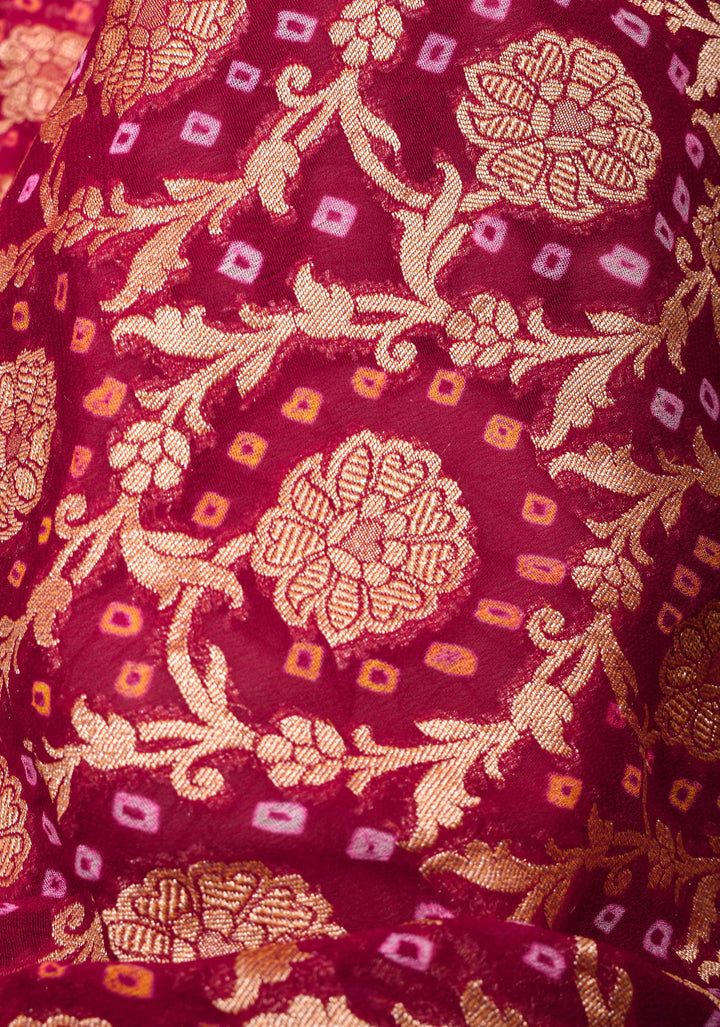 Authentic Hand Bandhej Banarasi Silk Saree in Pinkish Red | SILK MARK CERTIFIED